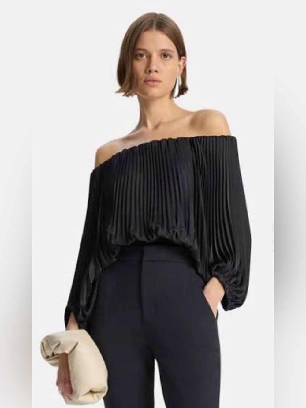 A.L.C. Sienna Satin Pleated Off-The-Shoulder Top in black